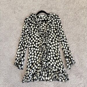 Zara Black Blouse with White Polka Dots and Ruffle Detail
